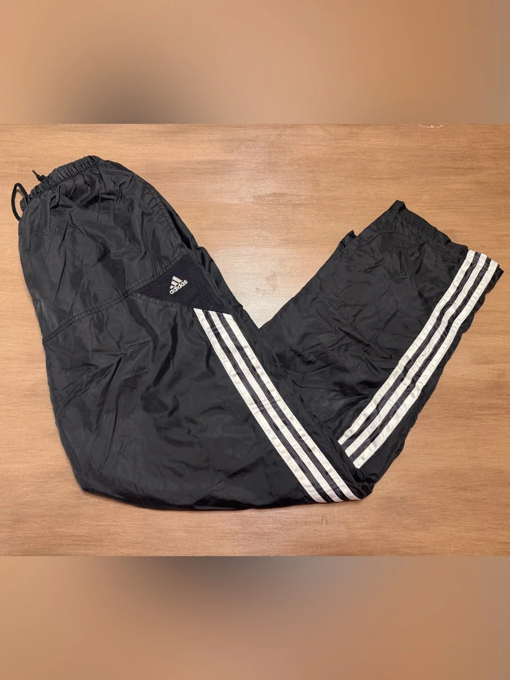 Vintage 90s Adidas Track Pants Mens L Black Nylon 3 Stripe Windbreaker Ankle Zip